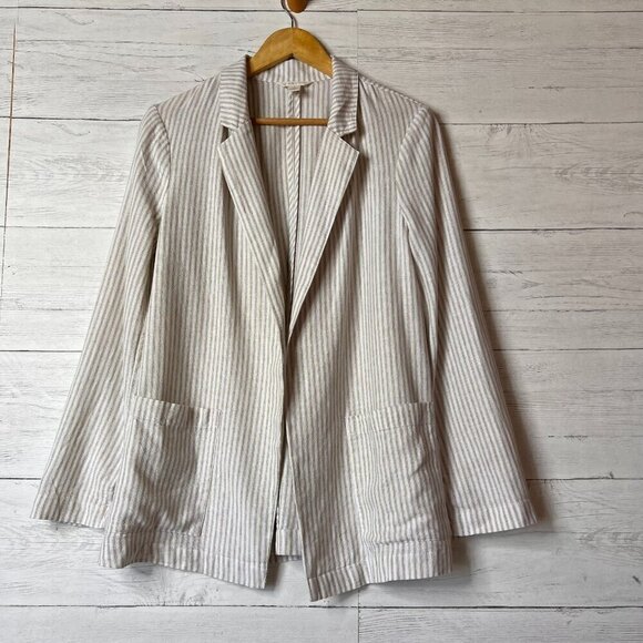 Caslon Jackets & Blazers - Caslon Blazer Womens SZ Small Tan & White Striped Open Front Linen Blend Coastal